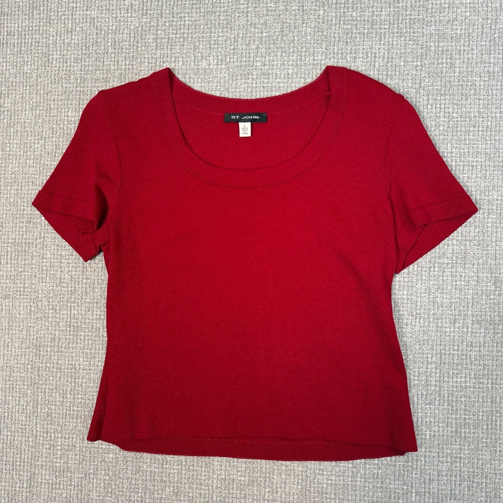 St. John Red Knit Top Scoop Neck Wool Blend Womens Sz S Statement Quiet‎ Money